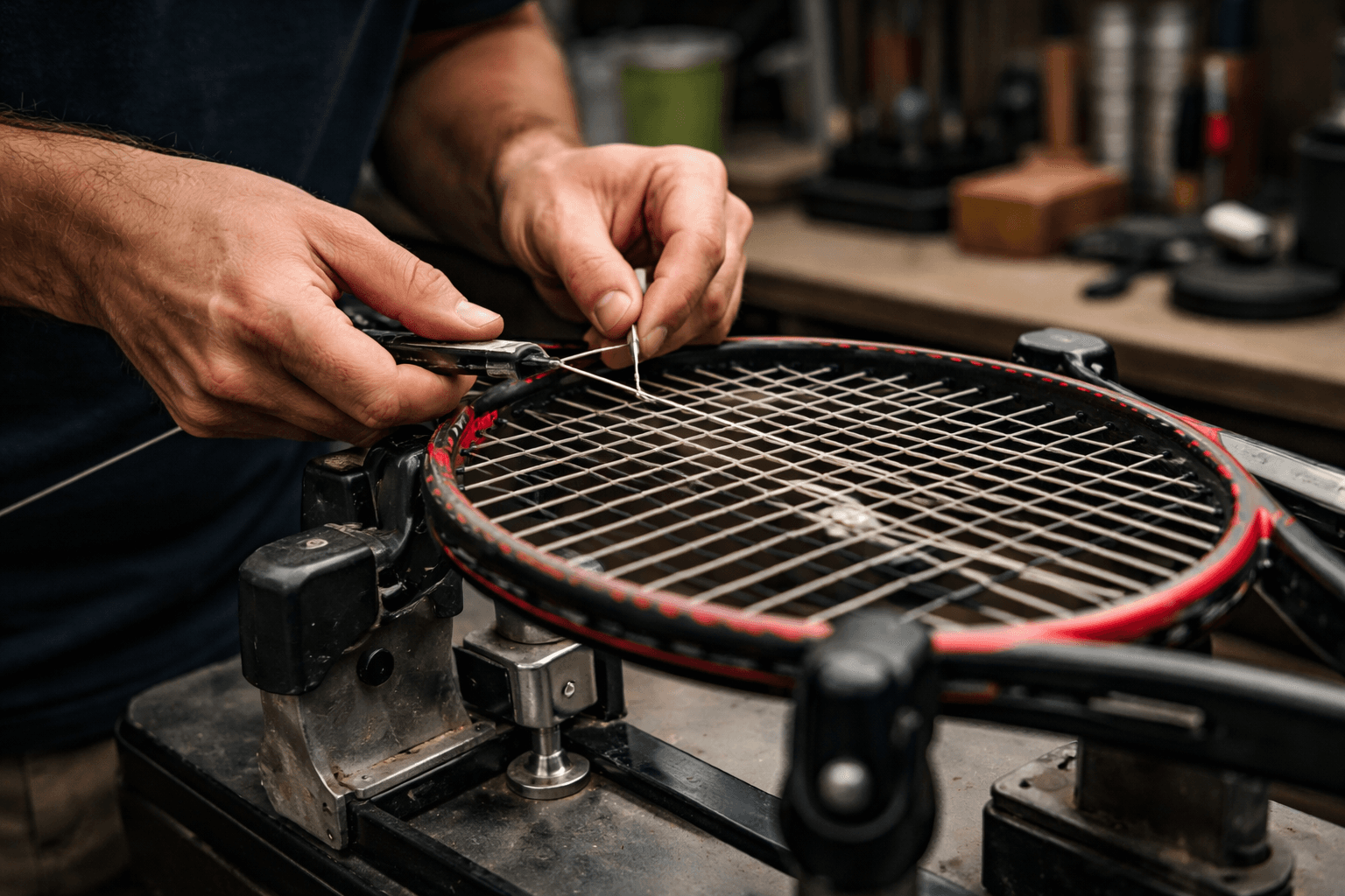 Stringer's hands restringing a tennis racket on a stringing machine